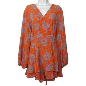CLASSIC FASHION COLLECTION Orange Blue Floral Print Long Sleeve Romper XXL